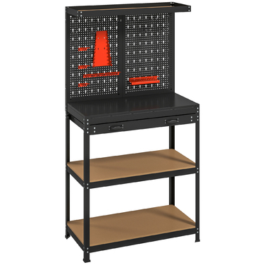Робочий стіл 80 x 40,5 x 155 см: інструментальний стіл з перфорованим щитом, гачками, ящиком та 2 полицями для майстерні, чорний