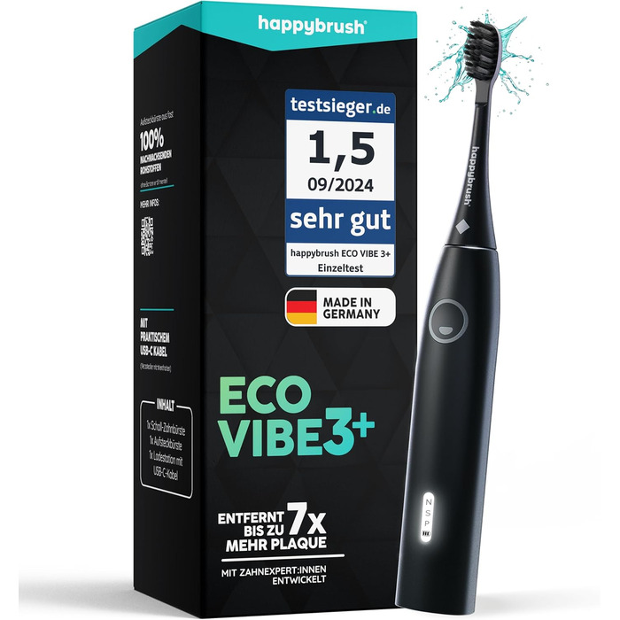 Електрична звукова зубна щітка happybrush® Eco Vibe 3+ – Чорний колір – 2 роки гарантії