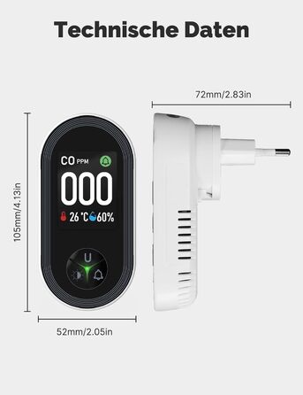 Датчик CO MOES з вилкою, 3-в-1: датчик CO, термометр та гігрометр, з акустичним сигналом, для дому та автодому, 1 шт.