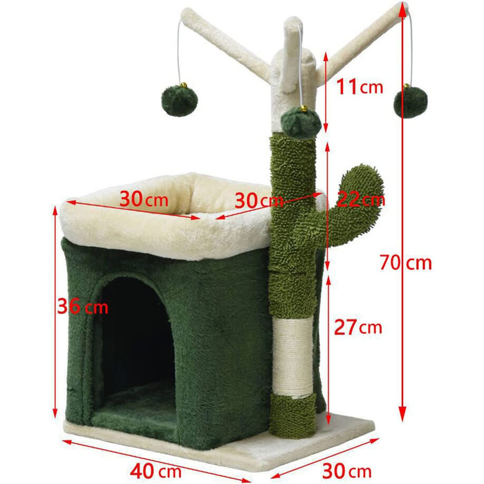 Котяче дерево фудаджо для кішок кактусове дерево для лазіння 70 см з 4-міліметровим будиночком для кішок з сизалю і 3 ігровими м'ячами