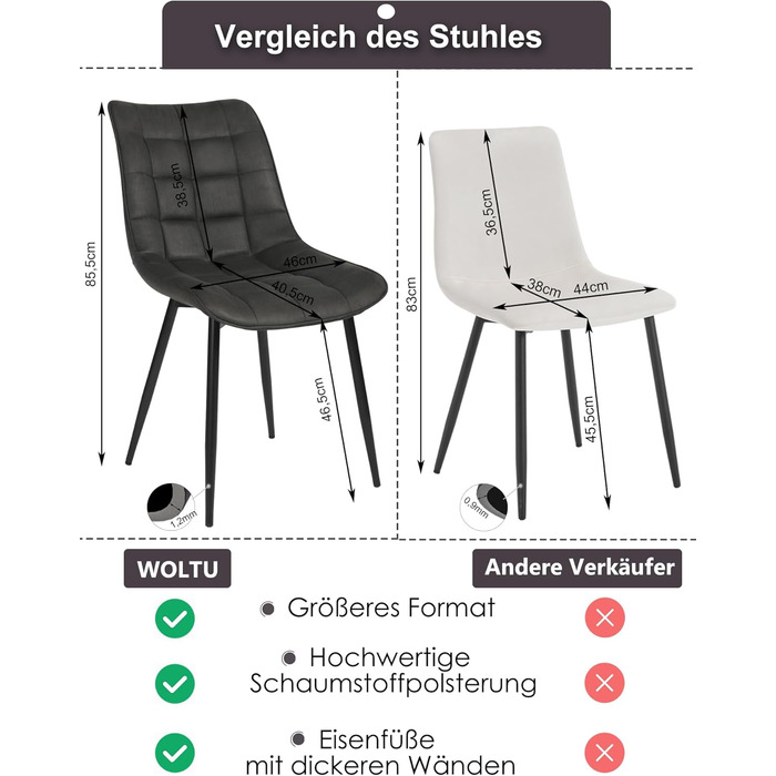 Обідні стільці WOLTU BH142sz-2 Набір з 2 шт. , м'який стілець зі спинкою, металеві ніжки, чохол з тканини антрацит