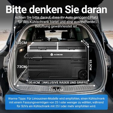 Компресорна холодильна сумка AAOBOSI з двома зонами, 115L, з Wi-Fi, USB, 12/24/240V, -20°C до 20°C для авто, вантажівки, човна, кемпінгу