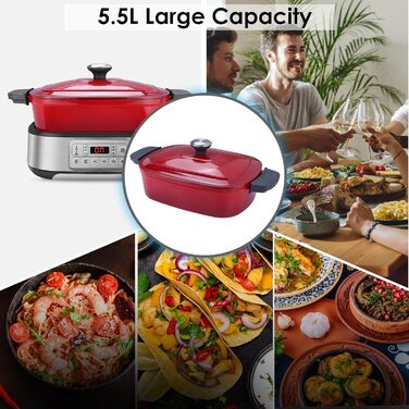 Мультиварка Homtone 6-в-1, 5.5L з керамічним покриттям, червона. Повільне приготування, смаження, варіння на пару