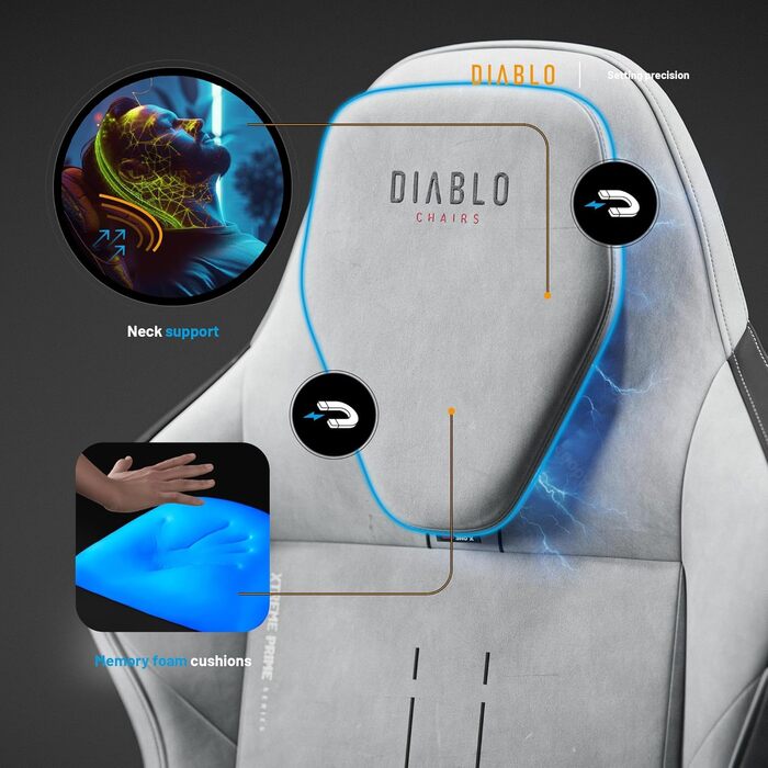 Ігровий крісло Diablo Gaming X.One Prime з підголівником та охолодженням. Міцний металевий каркас, регульовані підлокітники. Макс. вага: 140 кг (Сірий)