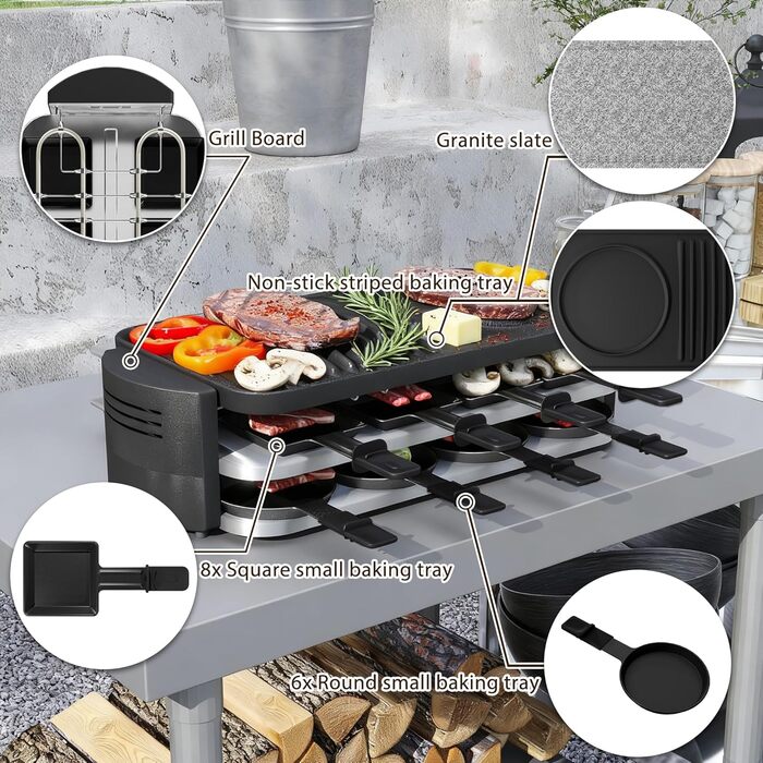 Електрогриль Raclette SUBTLETY для 8 осіб з гранітною плитою, антипригарним покриттям та 14 порціонними формами