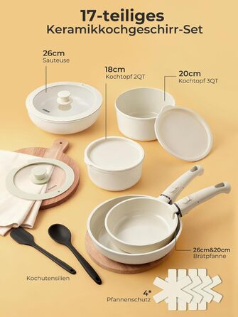 Набір посуду 17 предметів з антипригарним покриттям, індукційний, з керамічним покриттям, сумісний з духовкою, безпечний для миття в посудомийній машині, без PFOA/PFOS