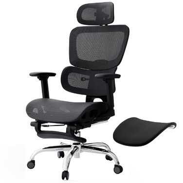 Ергономічне крісло для офісу Voll-Mesh з підголівником, підставкою для ніг, регульованою спинкою, підлокітниками, автоматичною поперековою підтримкою, PU-колесами, поворотним на 360°, до 150 кг, чорне