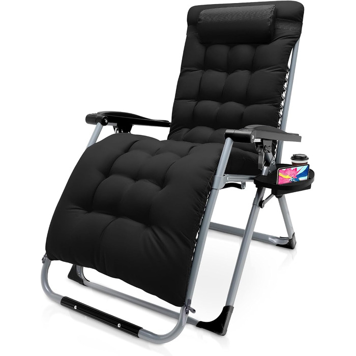 Розкладне шезлонґ для саду та басейну, широке крісло для відпочинку 72 см, з подушкою, чорний, витримує до 200 кг