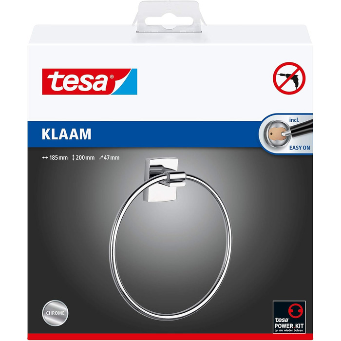 Кільце для рушника tesa KLAAM, хромоване - овальне кільце для рушникосушки - для настінного кріплення без свердління, вкл. клейовий розчин - 200 мм x 185 мм x 47 мм