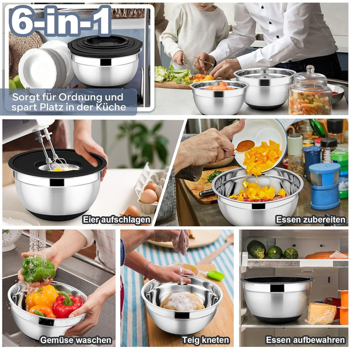 Набір мисок HaWare 6 шт. з нержавіючої сталі, набір салатників з герметичними кришками та 3 насадки для тертя, об'єм 4,6/2,8/2,5/1,6/1,2/0,7 л, антиковзний силіконовий низ, придатні для миття в посудомийній машині, чорний колір