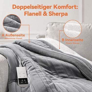 Електрична ковдра з автоматичним вимкненням та 9 зонами підігріву 200x180 см, таймер 1-9 годин з функцією пам'яті, швидкий нагрів та рівномірний розподіл тепла, двостороння фланель та овеча вовна