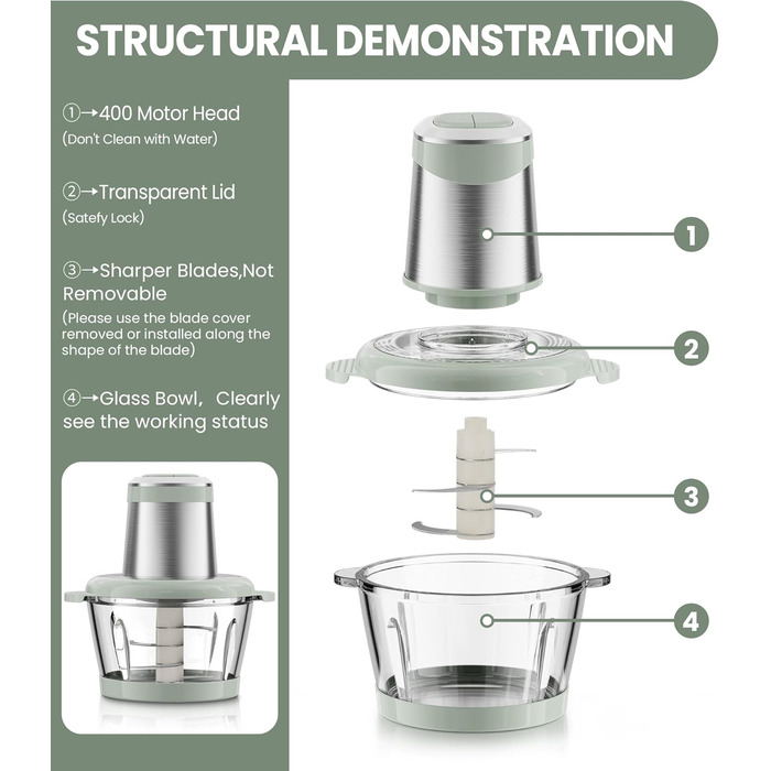 Електричний подрібнювач для кухні ESoundvol 400W з чашею 2л та 4 лезами з нержавіючої сталі - для м'яса, овочів, горіхів, дитячого харчування