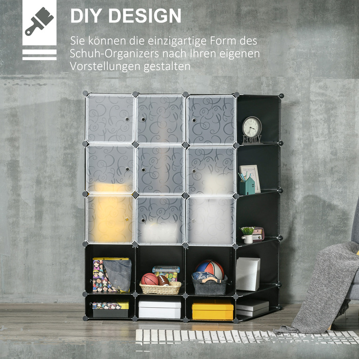 Стелажна система HOMCOM DIY з 16 відділеннями та 2 штангами Полиця для кубика своїми руками, полиця для зберігання одягу, взуття, чорний 145 x 46 x 162 см