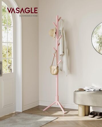 Стійка для одягу VASAGLE з масиву дерева, дерев'яна вішалка для одягу з 8 гачками, 3 регульовані висоти, для одягу, капелюхів, сумок, вітальні, спальні, офісу, RCR04GY (Пастельно-рожевий)