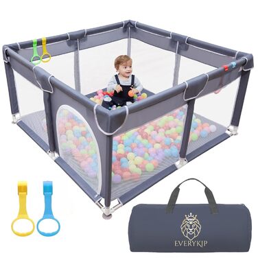 EveryKip® Дитячий манеж 120x120 см з сіткою, з дверцятами на блискавці, для дітей, з переносною сумкою та кільцями для ручок