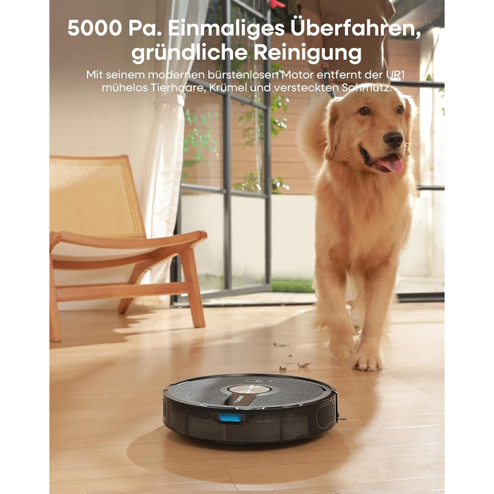 Робот-пилосос з функцією миття 5000Pa, 3-в-1 з часом роботи 180 хвилин, для прибирання шерсті тварин та килимів, з керуванням через додаток, чорний
