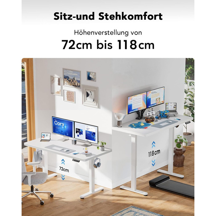 Електричний стіл HUANUO, 120x80 см, білий: регулювання висоти, безщітковий мотор, ергономічний дизайн для дому та офісу
