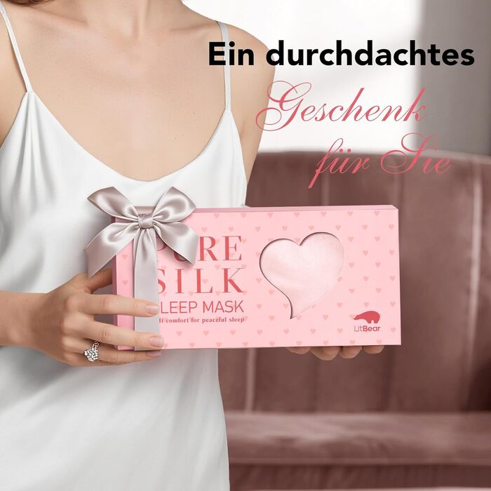 Маска для сну LitBear з шовку для тих, хто спить на боці, 100% шовк 22 momme 6A тутового шовку, повна світлонепроникність, для жінок та чоловіків, з косметичкою та гумкою для волосся, колір рожевий