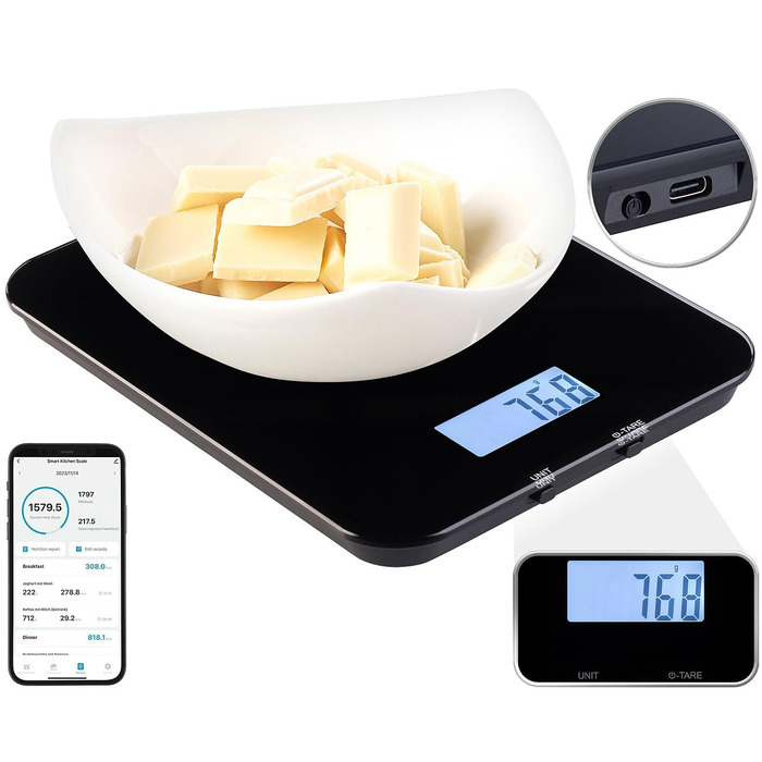 Бездротові кухонні ваги Rosenstein & Shne розумні цифрові кухонні ваги з лічильником калорій, калькулятором харчування та додатком (кухонні ваги, Bluetooth, дієтичні кухонні ваги)