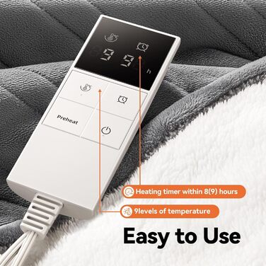 Електрична гріюча ковдра з автовимкненням, 9 зон нагріву, 200x180 см, таймер 1-9 год з функцією пам'яті, швидкий нагрів, рівномірний розподіл тепла, двостороння фланель та штучне хутро