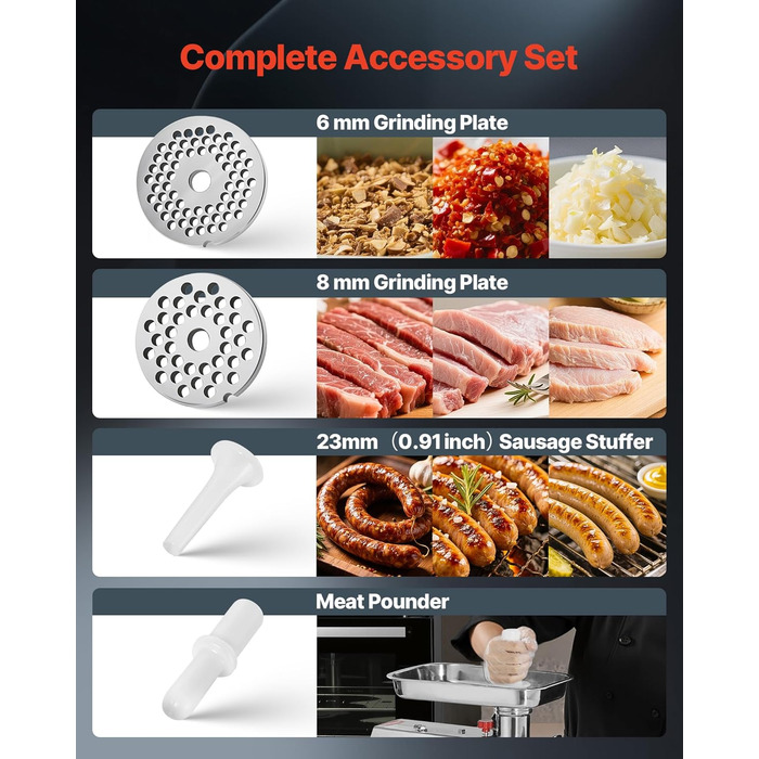 Електрична м'ясоподрібнювач VEVOR, 4.2 кг/хв, 1100 Вт, з лезом та диском, для ресторану, з нержавіючої сталі