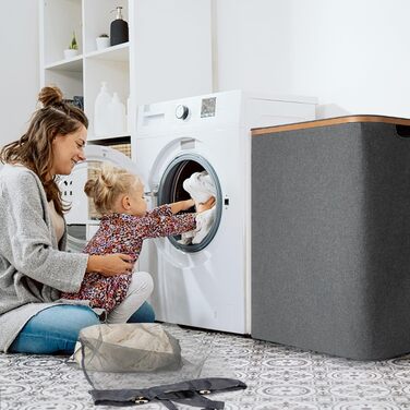 Кошик для білизни Rieeyrslza з кришкою 158л з бамбука та тканини Оксфорд, знімні мішки для білизни, складний сортер для білизни, багатофункціональний кошик для зберігання (сірий)