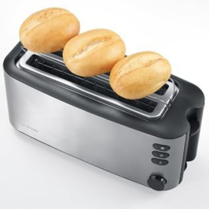 Автоматичний тостер SEVERIN з довгим розрізом, тостер із насадкою для булочки, високоякісний тостер з нержавіючої сталі з великими камерами для випічки та потужністю 1400 Вт, матова нержавіюча сталь/чорний, AT 2509