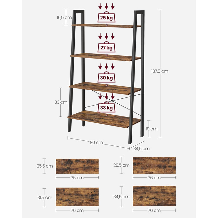 Полиця для сходів VASAGLE, 4 рівні, промисловий дизайн, сталевий каркас, горіх коричнево-чорний, 56x34x137.5 см