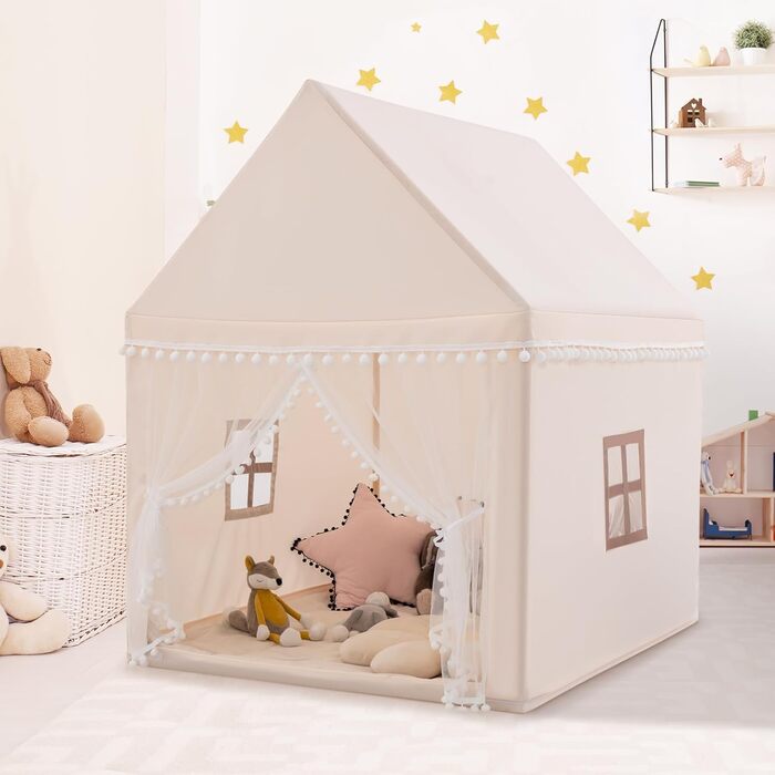 Дитяче намет-ігровий будиночок Dreamade з м'якою дахом та вікнами, дерев'яний каркас, для хлопчиків та дівчаток (Бежевий)