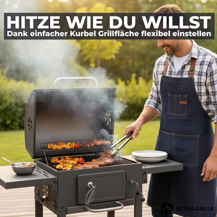 ACTIVA Гриль на вугіллі Angular Smart I з кришкою, регульованою кошиком для вугілля та термометром | Гриль-візок для барбекю