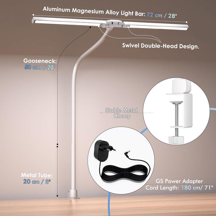 Світлодіодна лампа настільна для дітей з двома головками, захист очей, 16W, 72см, денне світло, з пультом, регулювання яскравості, гнушкий шийний механізм, матовий білий колір