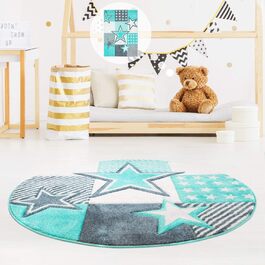 Дитячий килим MyShop24h Килим Star Carpet Play Rug Високоякісний із зірчастим візерунком пастельно-бірюзового кольору з контурним вирізом, глянцева пряжа для дитячої кімнати, розмір в см160 х 160 см круглий