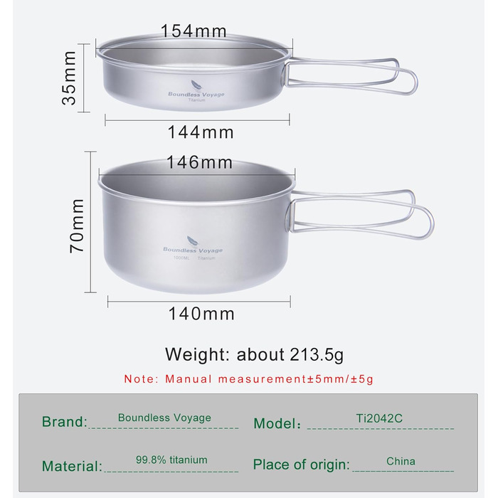 Набір посуду iBasingo Titan для кемпінгу та подорожей (1000мл казанок + 500мл миска) з розкладним ручками, кухонні аксесуари для піших прогулянок, трекінгу та подорожей Ti2042C
