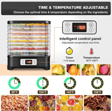 Дегідратор Nictemaw з нержавіючої сталі, 8 відділень, регулятор температури, 400 Вт, 35-70C, таймер на 72 години, чорний