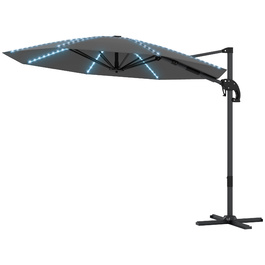 Outsunny Alu Centilever Parasol LED Solar Ø300 см регульована по висоті парасолька з кривошипною підставкою UV50+ Водовідштовхувальний ринок Обертовий ринок на 360° Нахилена садова парасолька Сонцезахисний захист для саду Балкон Темно-сірий