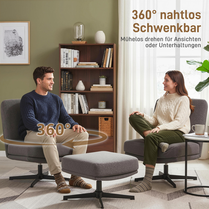 Крісло з пуфом, поворотне, м'яке крісло для вітальні з текстурою льону, темно-сірого кольору