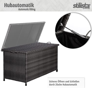 Ящик для подушок STILISTA® з ротангу (поліротанг) 122x62x56 см з кришкою, автоматичним підйомним механізмом, внутрішньою підкладкою, колесами та ручками, 4 кольори