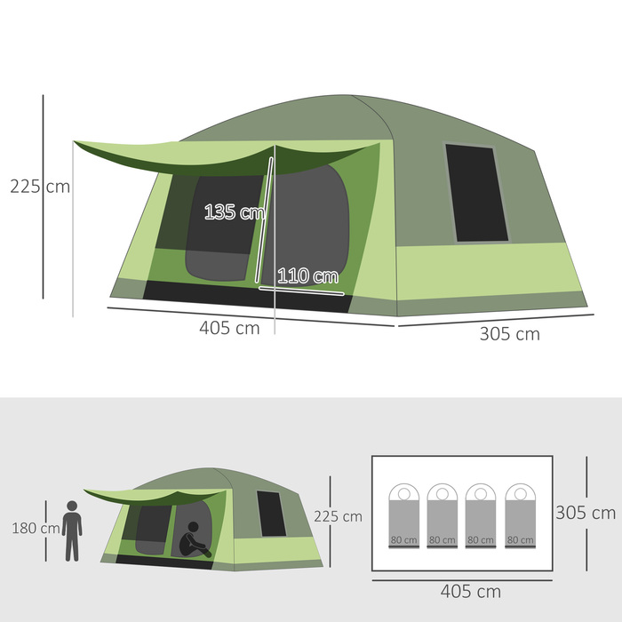 Outsunny Camping Tent Купольний намет Сімейний намет 2 спальні кабіни 4-8 осіб L405 x W305 x H225 см