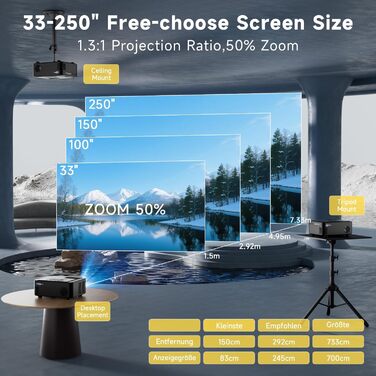 Проектор Beamer для домашнього кінотеатру з Wi-Fi 6 та Bluetooth 5.3, 1080P, 50% Zoom, HDMI/AV/Laptop/iPhone, для використання на вулиці, чорний
