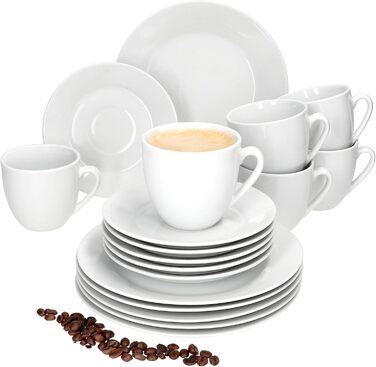MamboCat Tommy - 18-Piece White Porcelain Coffee Set for 6 People | 6 Cups, Saucers & Plates | Stylish Coffeeware for Breakfast, Coffee, Hotel & Restaurant Use
