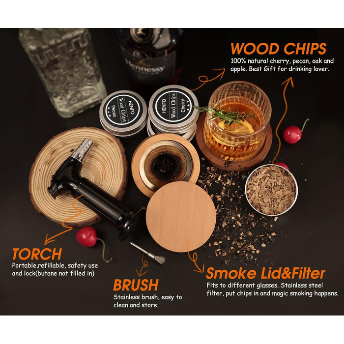 Набір для копчення коктейлів з ліхтариком: кулінарна факелка для коктейлів, віскі, напоїв, копчення та кемпінгу. 4 смаки дерев'яної стружки.