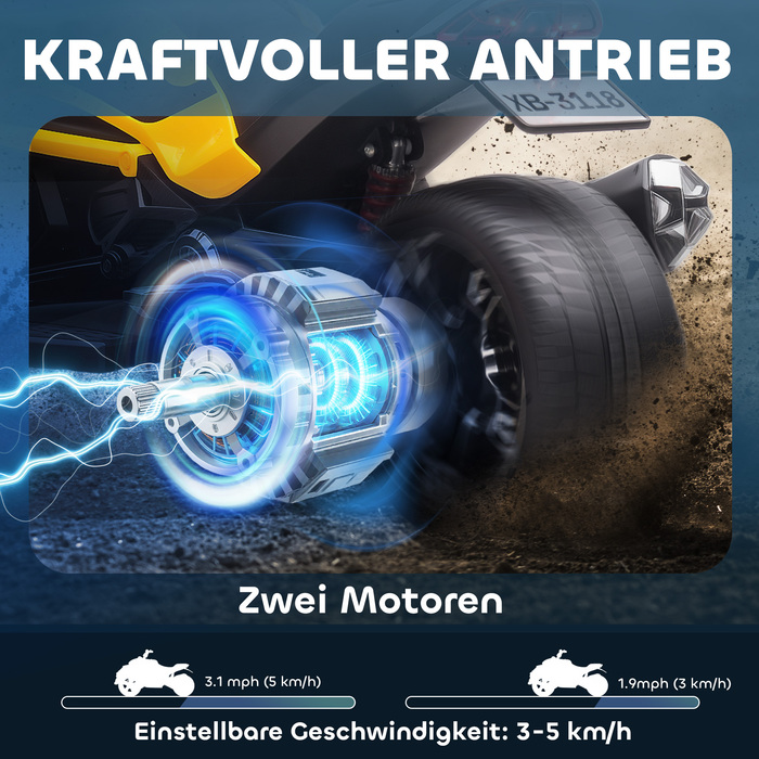 Дитячий електромобіль, триколісний дизайн із можливістю руху назад, акумуляторний, з MP3-плеєром, звуковими сигналами, двома швидкостями, світлодіодними ліхтарями, для дітей віком 3-8 років, жовтого кольору.