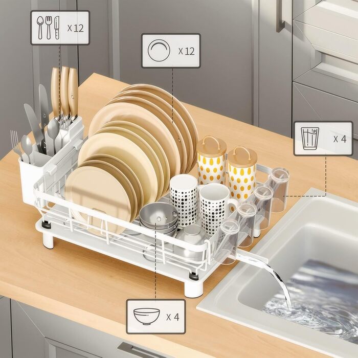 Підставка для посуду JOUING з тримачем для столових приборів, піддон для крапель, металева підставка для посуду для раковини (біла)