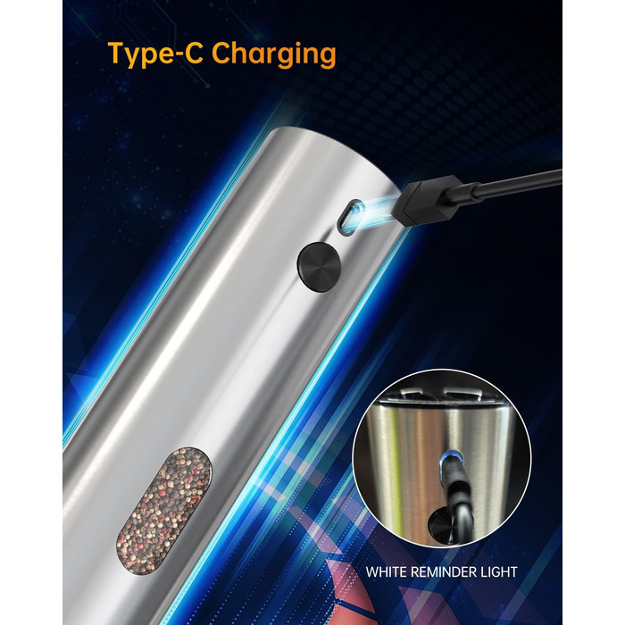 Електричні соляні та перечні млини CIRCLE JOY з підставкою, чорного кольору. Набір з нержавіючої сталі, регулювання помелу, LED-підсвічування, 110 мл, сріблястий