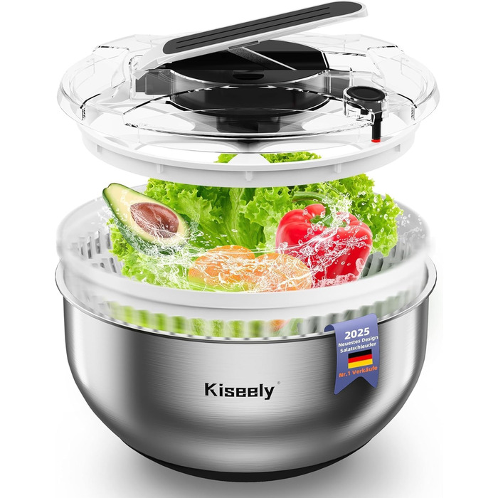 Салатниця-швидкосушарка з нержавіючої сталі 4.2L з мискою та кришкою, для салатів, овочів, зелені, ягід