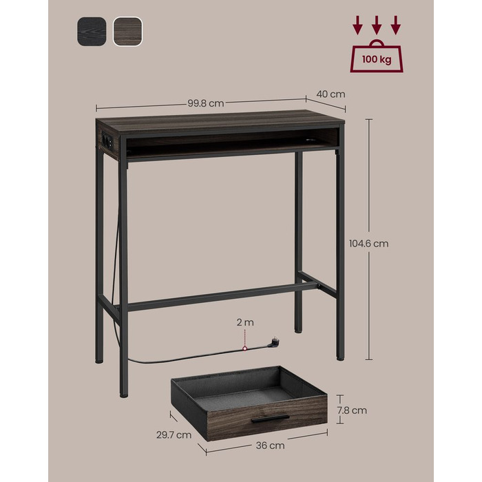 Барний стіл із зарядною док-станцією та шухлядою - 99,8B см / Попелясто-коричневий