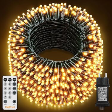 Гірлянда світлодіодна для прикраси ялинки та декору, 60 м, 600 LED, 8 режимів, вологостійка, з пультом, таймер, диммування, тепле біле світло, для дому та саду