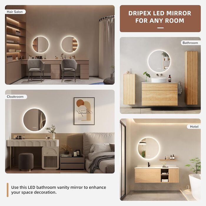 Дзеркало для ванної кімнати Dripex з LED-підсвічуванням, сенсорне керування, регулювання яскравості, 3 кольори світла, антизапар, 80x80 см (кругле, 50x50 см)