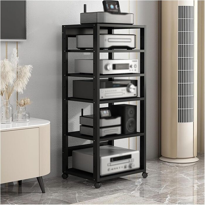 Аудіостійка Hifi Shelf 6 рівнів, чорна, для вітальні/офісу, пересувна, для медіа та пристроїв