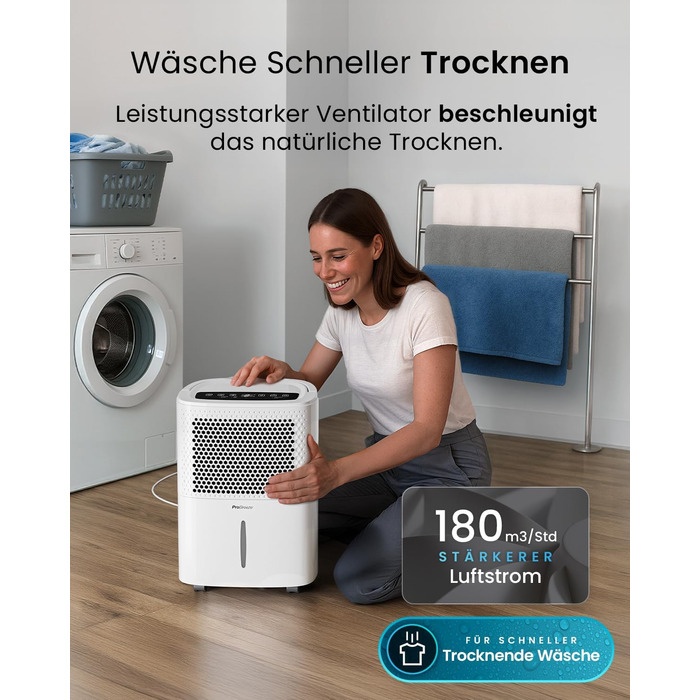 Pro Breeze® Eco Kompakt 12L/день: Електричний осушувач повітря з LED-дисплеєм, функцією сушіння білизни та Smart App (20 м²)